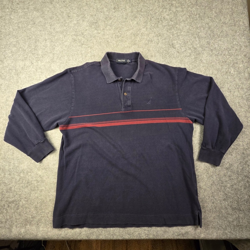 Nautica Mens XL Long Sleeve Polo Shirt Navy Blue Red Stripe Cotton Pique Classic